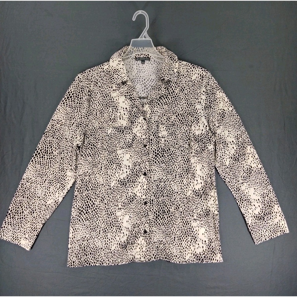 Adrianna Papell Blouse Women 1X Button Up Long Sleeve Black & Cream Animal Print